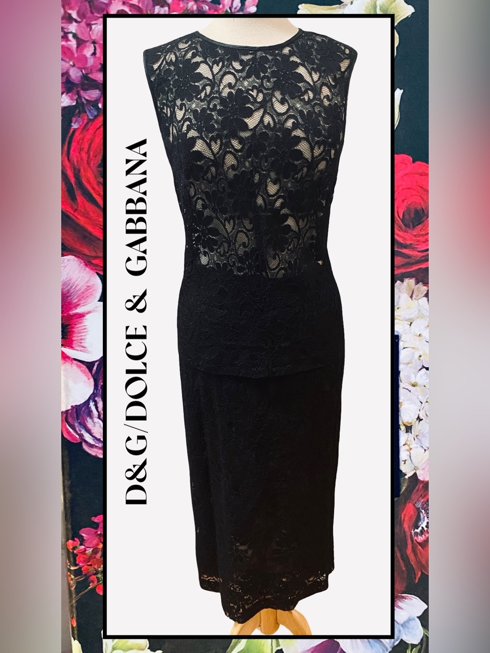 D&G DOLCE & GABBANA Italy 2pc Black Lace Top & Skirt 46/10-12 New